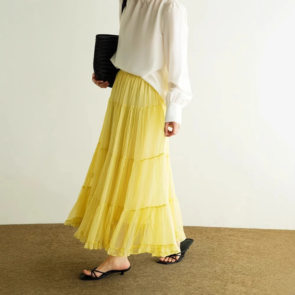 

8111 полулетняя новая длинная юбка во французском стиле с эластичной резинкой на талии и рюшами на внутренней подкладке во французском стиле