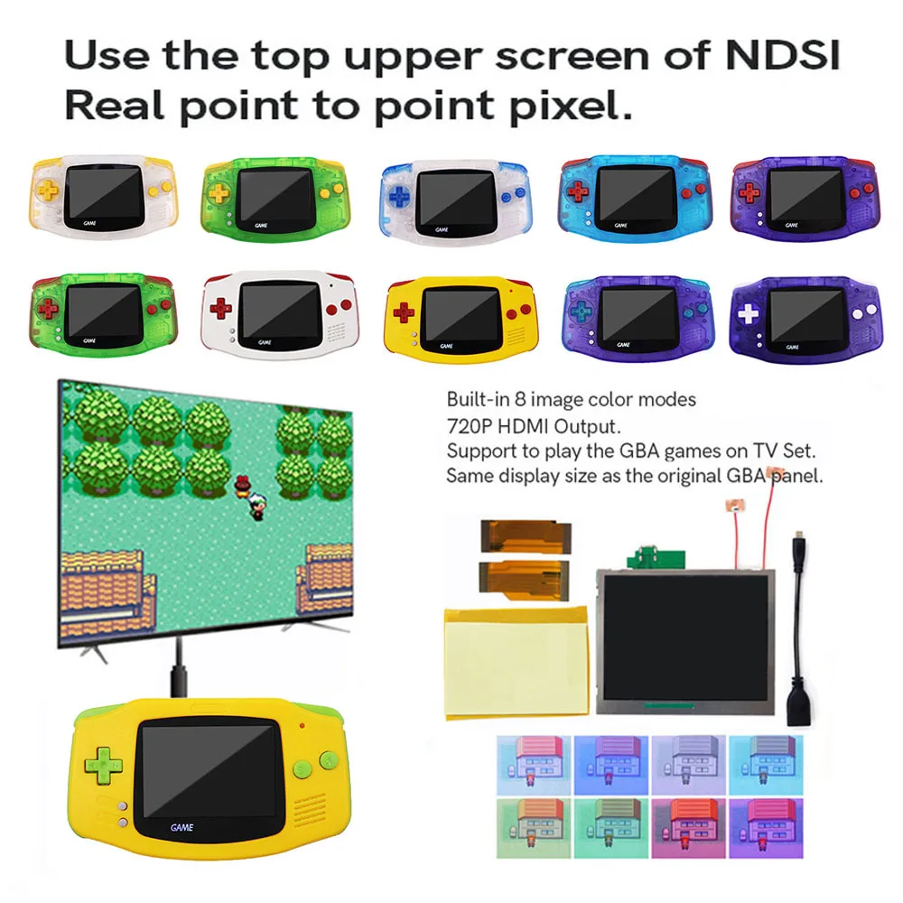 

Multi-Color 720P TV HDMI-Compatible Backlight Brightness GANi LCD Kit For Gameboy Advance GBA TFT W/Pre-cut HousingShell