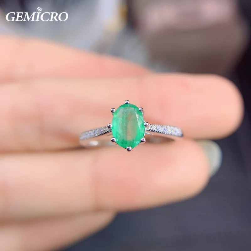 Gemicro Luxury Natural Emerald Green Charm Engagement Wedding Rings for Women Big Gift for Ladies Fine Jewelry, Solid 925 Silver