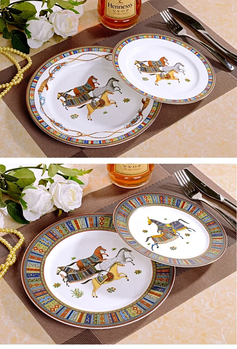 Luxury Bone China Tableware Dinnerware Set Jingdezhen Porcelain Horse Western Plate Dish Home Decoration Wedding Gifts