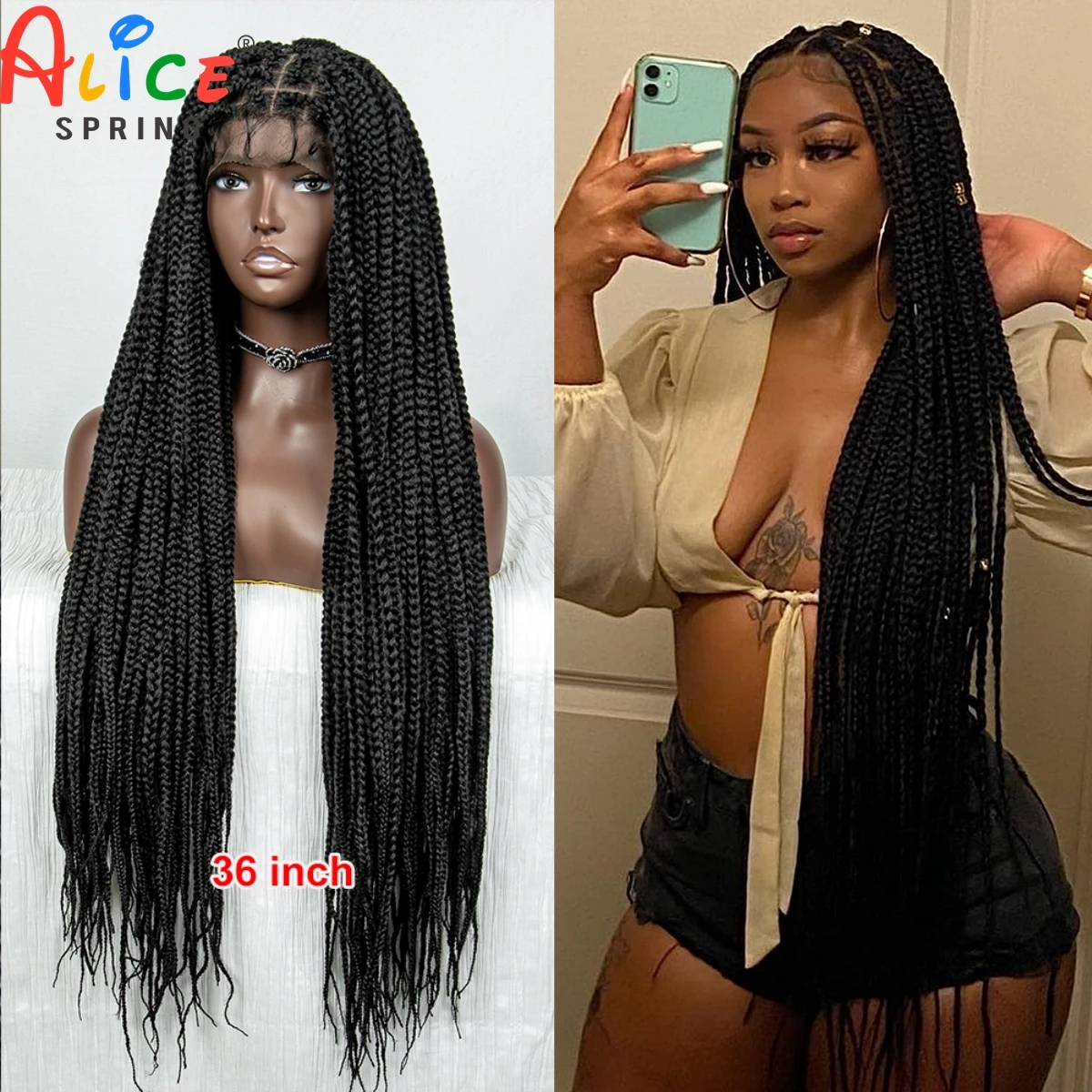 Perruque Lace Front Synthétique Tressée avec Cheveux de Bébé, Tresses sulfet Lisses, Sans Nministériels ds, Boîte, 36 Amans, pour Femme