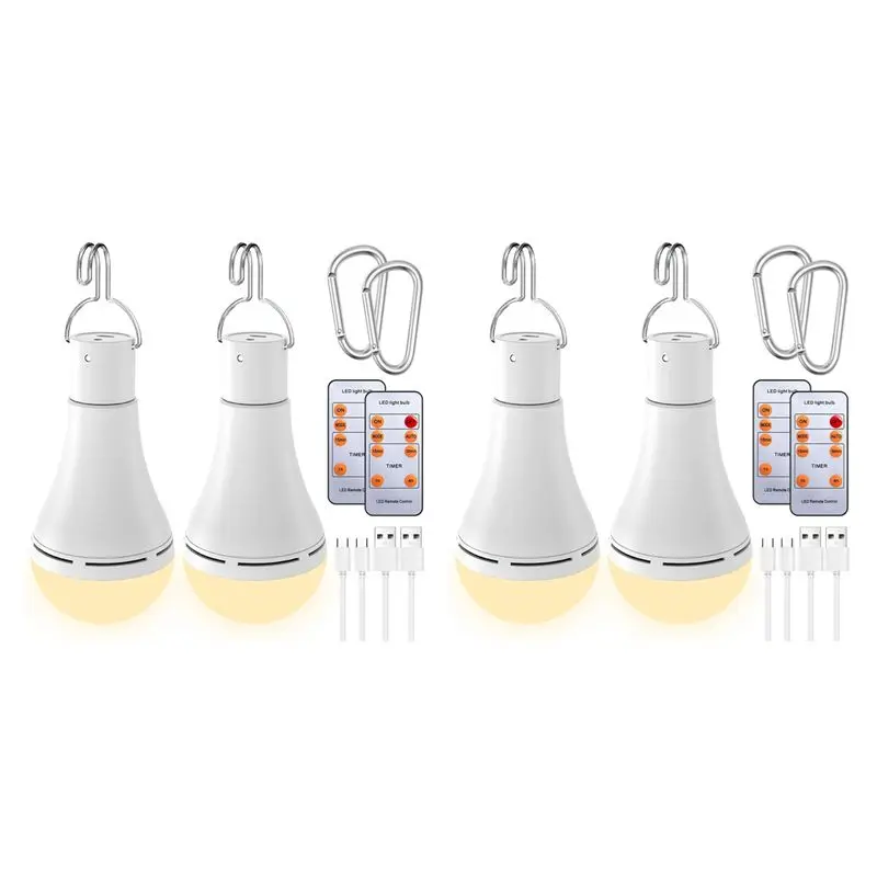 B03C-USB Rechargeable Light Bulb With Remote For Home Power Outage, Hanging LED Light Bulb With Hook For Outdoor 4 Pack
