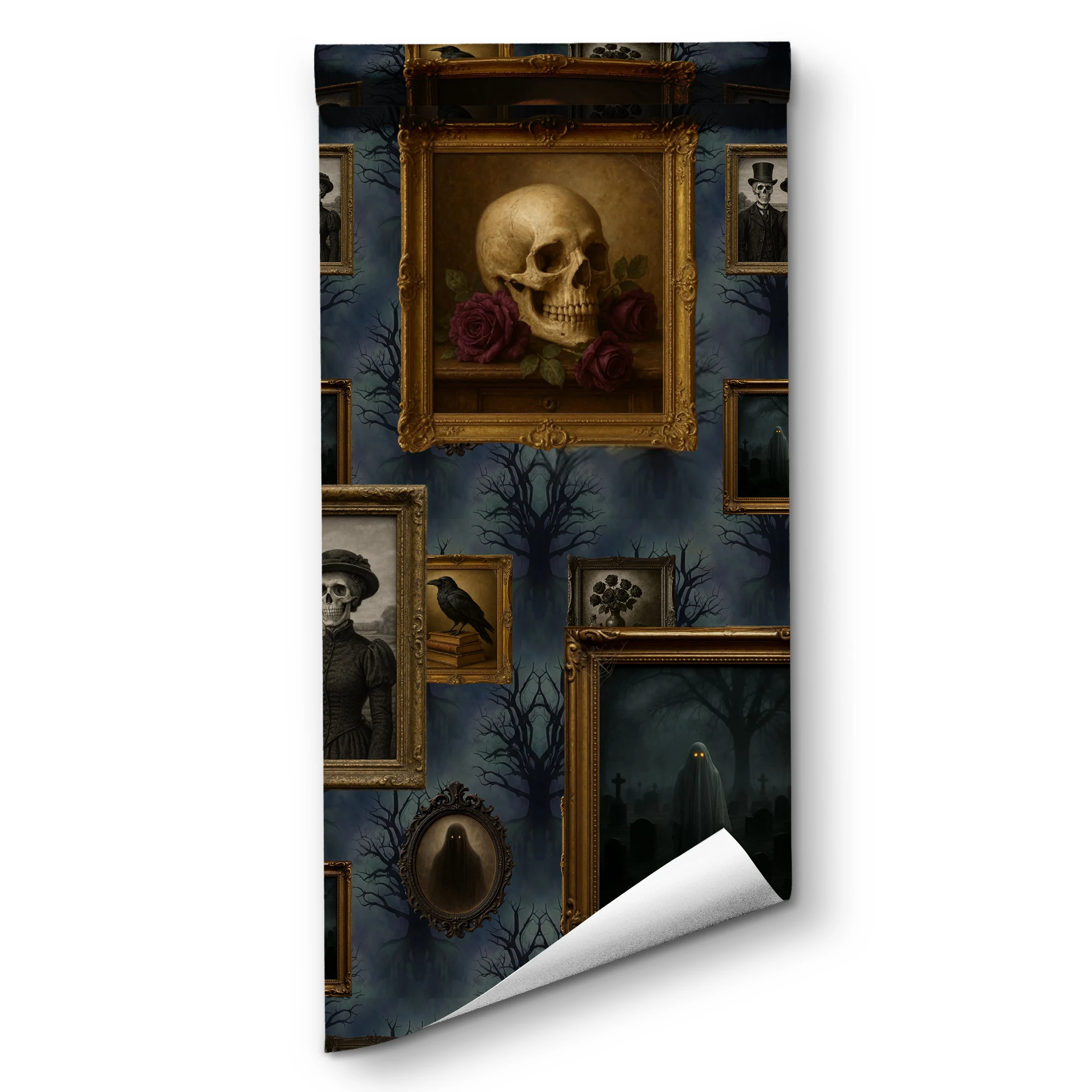 Halloween Self Adhesive Wallpaper Skull Rose Ghost Crow Framed Art Wallpaper Horror Spooky Wall Mural for Bedroom Bar Cafe Decor