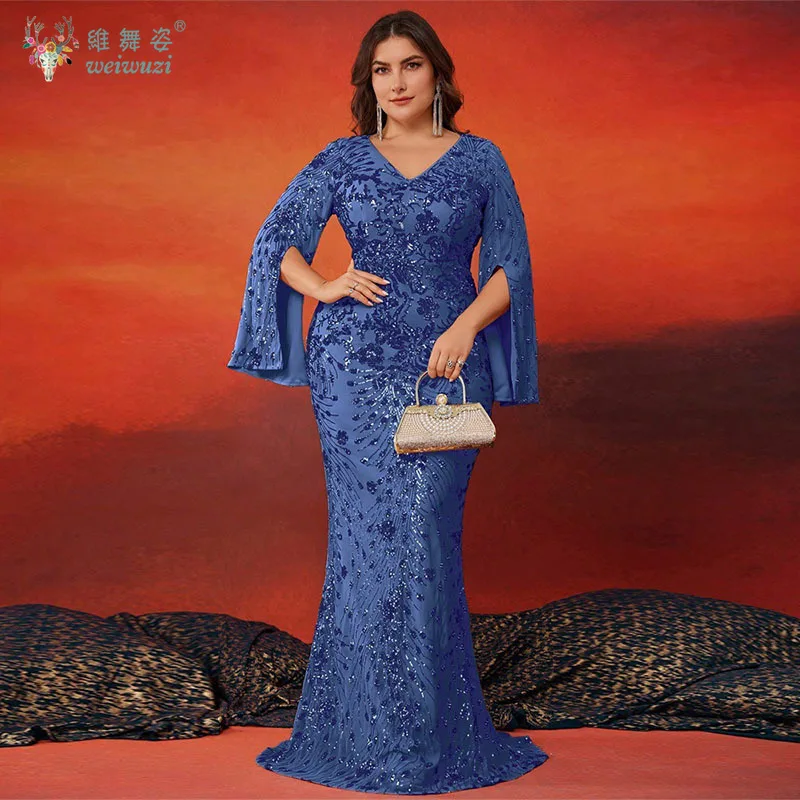 Outono vestidos de noite de luxo fenda manga longa plus size emagrecimento temperamento lantejoulas bordado cauda peixe saia vestido de noite