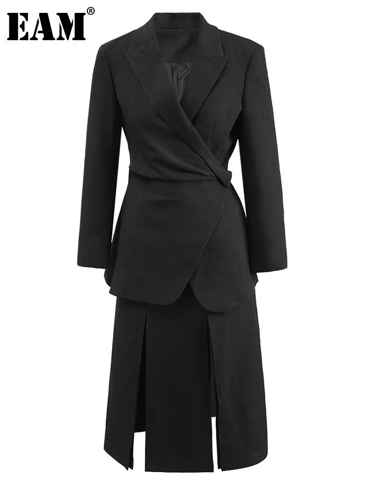 

[EAM] Black Blazer Slit Half-body Skirt Two Pieces Suit New Lapel Long Sleeve Women Fashion Tide Spring Autumn 2024 CPDB080