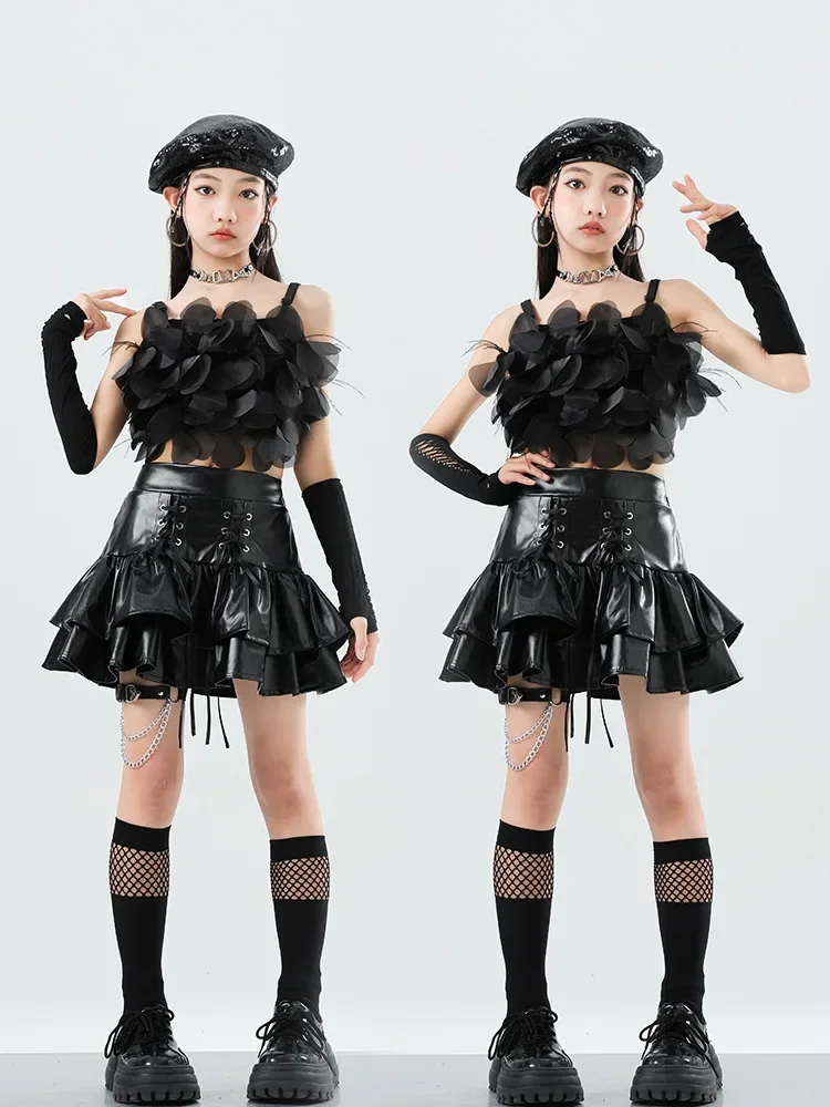 

Костюмы в стиле хип-хоп, детская одежда, кожаные юбки, костюм для латинского джаза, костюм для девочек, уличные лепестки, открытый танец пупка