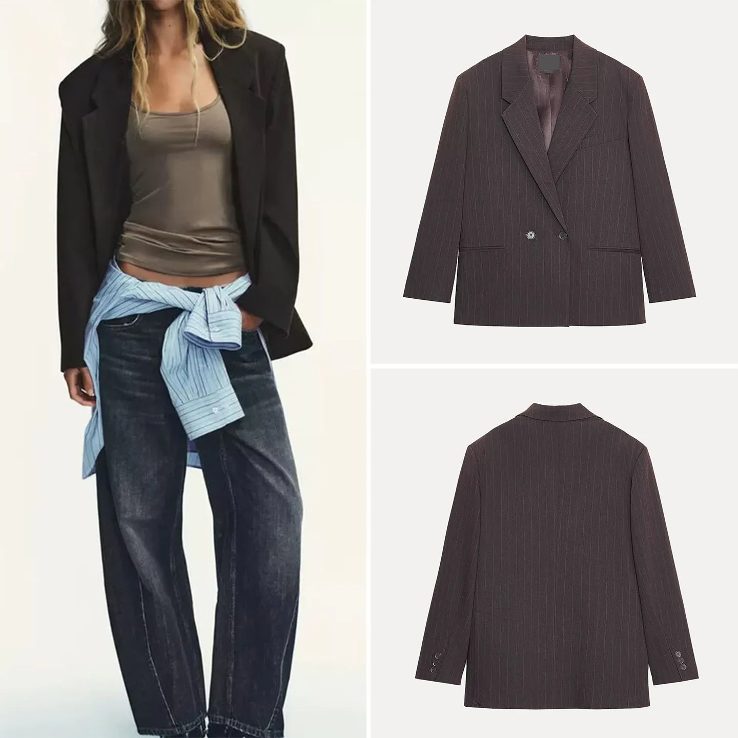 

Z Women's Faion Slim Stripe Loose Suit Jaet 2025 New Sle Long Sve Daily Wear Flat Collar Not a Mall Dupliion
