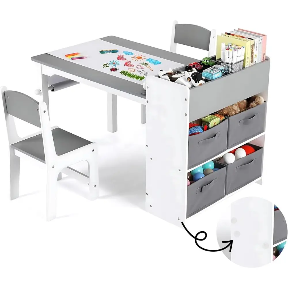 

Набор художественного стола и 2 стульев, большой деревянный стол для занятий малышей, прочный стол для рисования с большим хранилищем, 4 контейнера, рулон бумаги для Ch