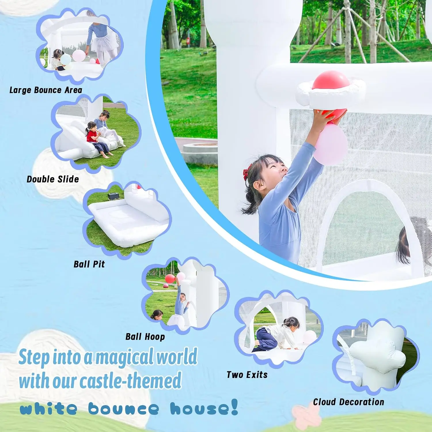 White Bounce House, Bounce House for Kids 3-6 with Double Slides, Bouncy House with Ball Pit Blower Included, Bouncy Castle Indo