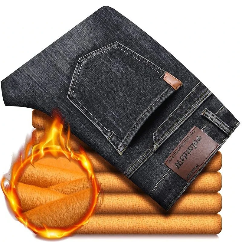 

Men Winter Snow Warm Plush Loose Straight Jeans Male Fashion Fleece Lined Thickened Denim Pants Daily Smart Slim Fit Trousers