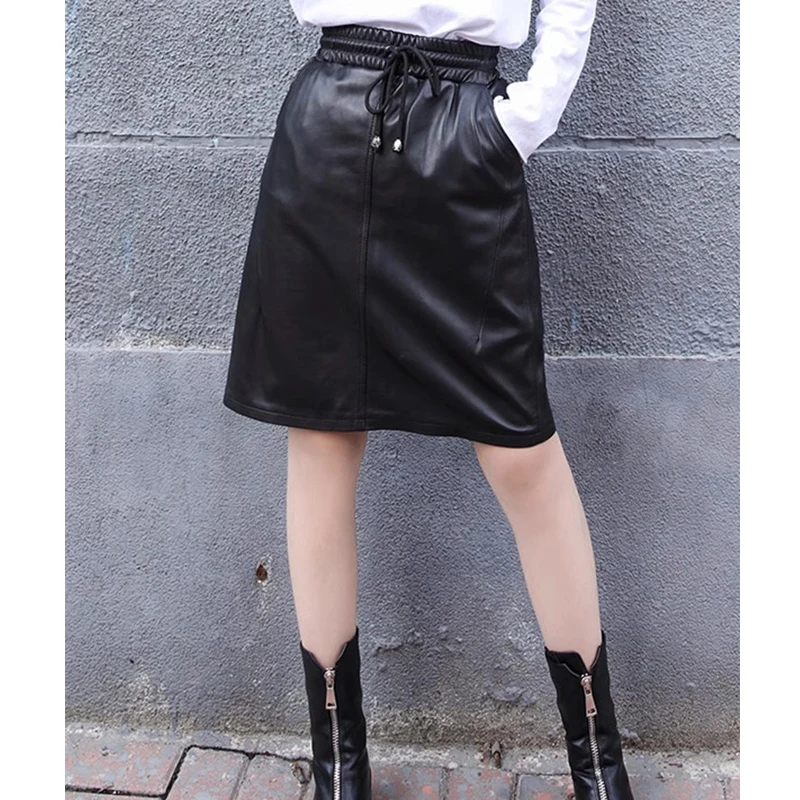 M-3XL 2024 New Sheepskin Skirts for Women Black Elastic High Waist Lace-up Femael Back Split Real Leather Knee-Length Skirts