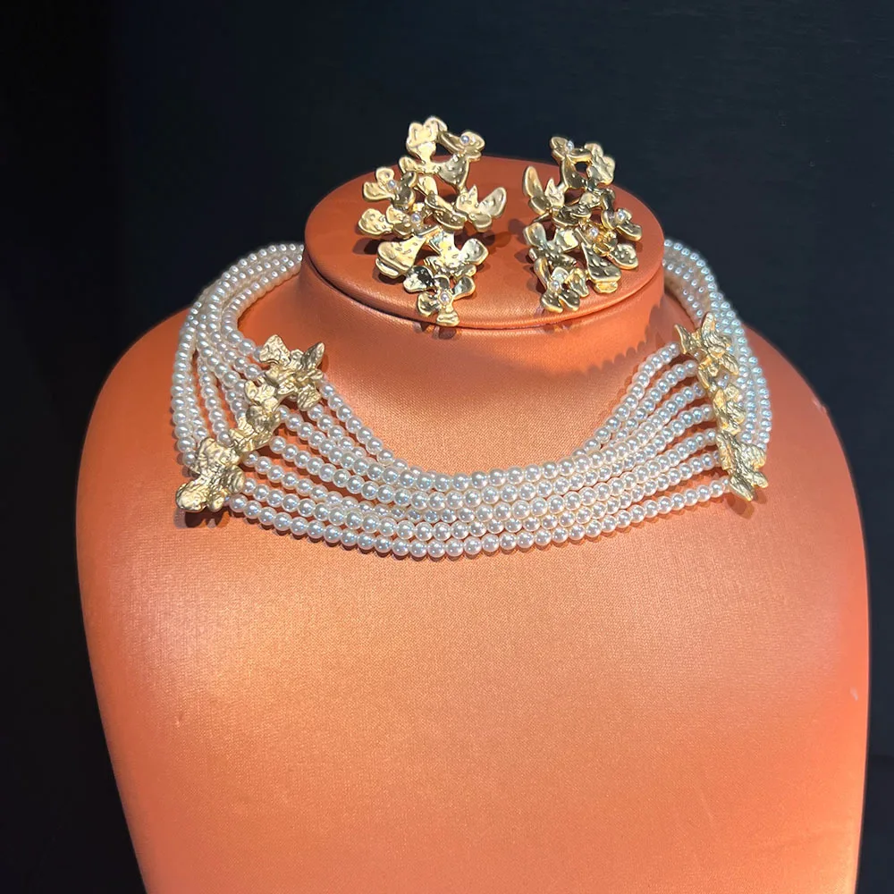 

Women New Vintage 7-layer Pearl Necklace Earring Set 2025