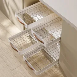 Stainless Steel Pull-Out Holder Kitchen Tableware Storage Tray Cabinet Drawer Style Basket Removable with Slide Rails Drain Rack