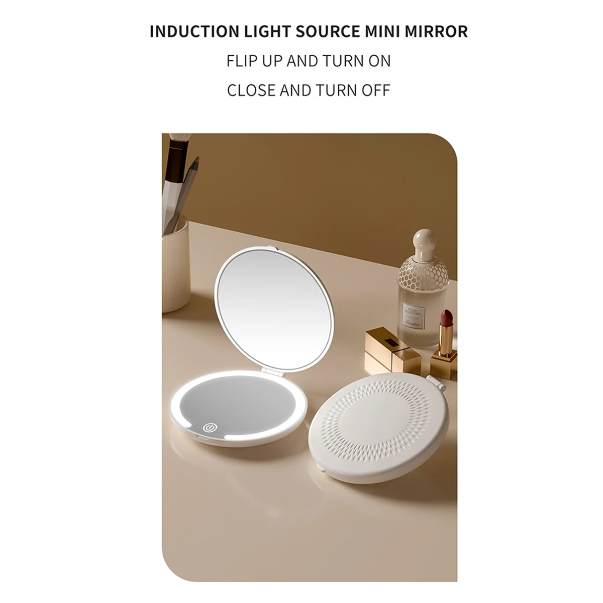 Espejo de maquillaje LED compacto de viaje, espejos de iluminación plegables pequeños recargables de 3 colores, batería integrada de 600 Mah
