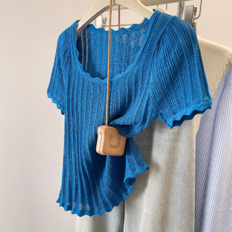 Fashion Short Sleeve Hollow Out Knitted Sweater Women Pullovers O-Neck Knitwears Knit Sweater Pullover Women Tops Sweaters Q2773