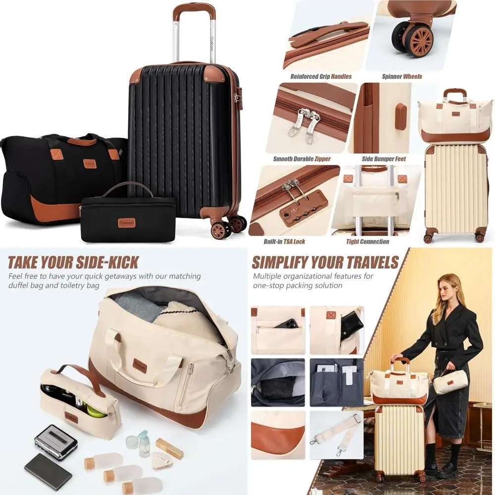 مجموعة أمتعة ABS هارد شل خفيفة الوزن مكونة من 3 قطع مع موافقة لشركة الطيران مقاس 20 بوصة وعجلات وقفل TSA وإكسسوارات سفر طويلة الذيل