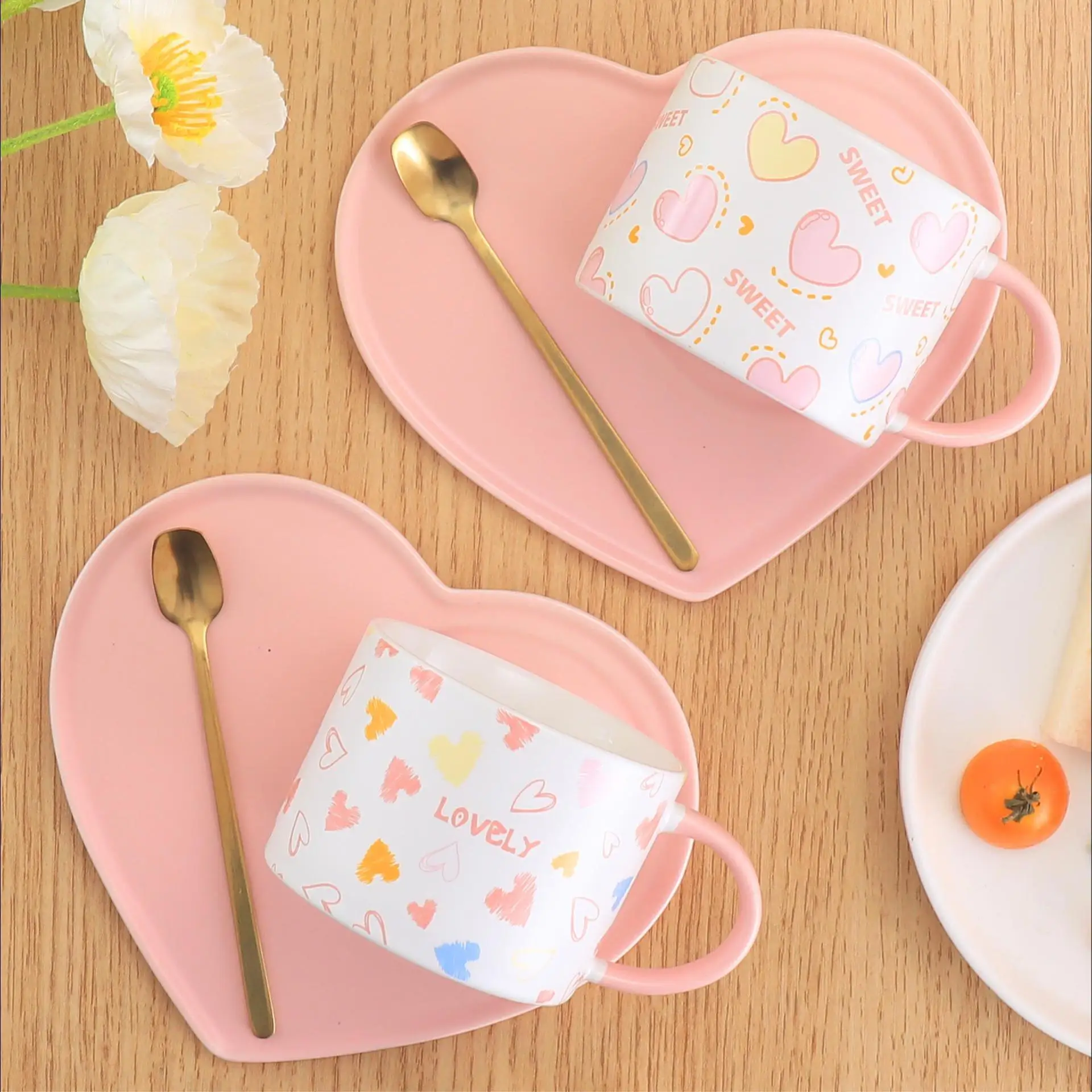 Pink Cute Ceramic Coffee Cup Saucer Sets Love Heart Style Plate With Spoon Couple Pair Cup And Dish Set Home Office Coffee Cup