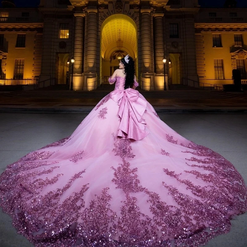 Luxury Pink Quinceanera Dress 2024 Applique Lace Beads Tull Princess Ball Gown Sweet 15 Vestidos De XV Años Party Gown