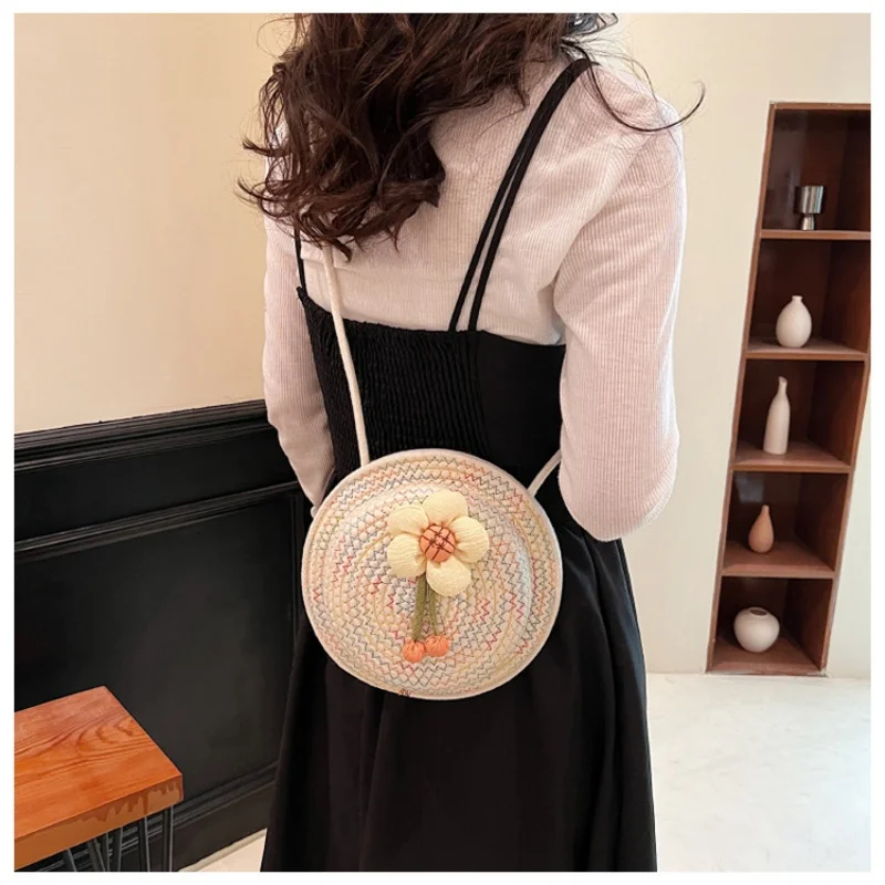 Cap Shape Flower Flora Summer Woven Crossbody Bags for Women Fashion Beach Small Handbag Travel Female Shoulder Bag