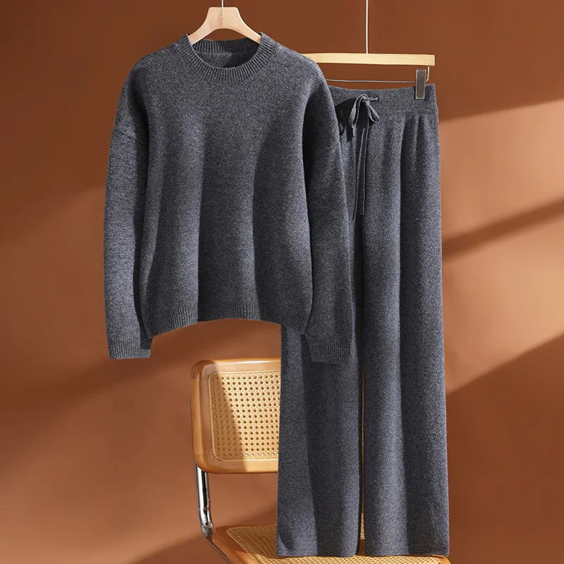 New Women Wool O-neck Pullover Wide Leg Pants Set 100% Wool Sweater Autumn Winter Casual Dropping Sleeve Knit Loose Top Trousers