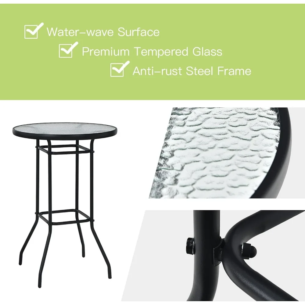 3 Pieces Outdoor Patio  Set, Outdoor Bistro Set with 2 Bar Stools and 1 Tempered GlassTable,  Height Patio Table