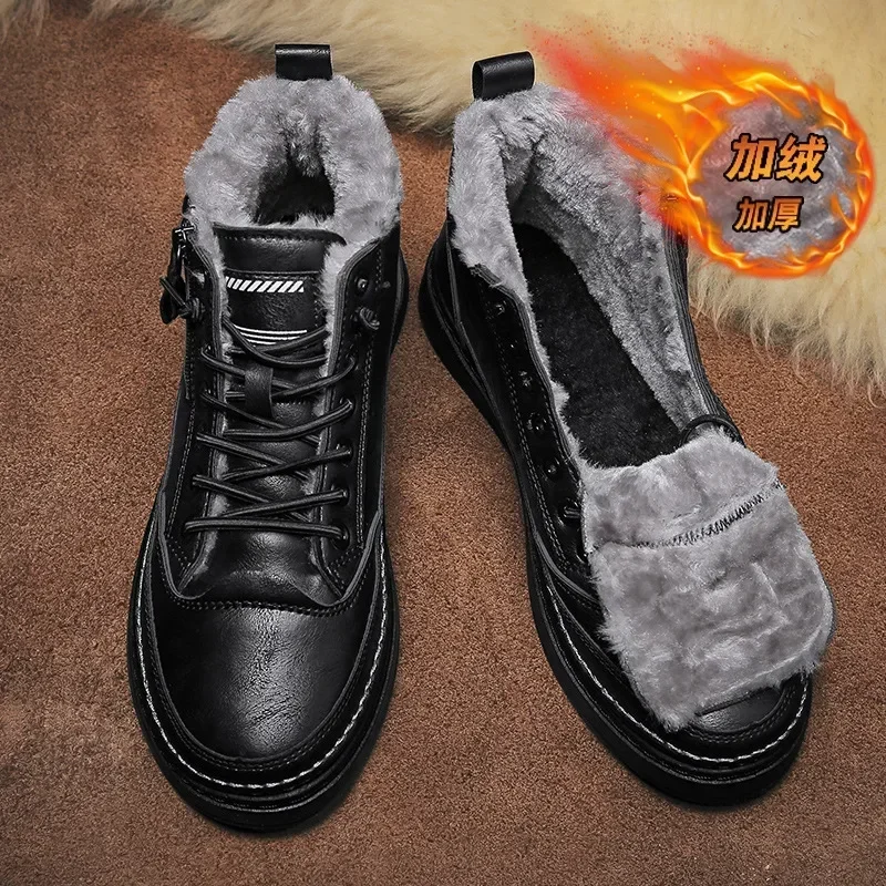 Leather Men\'s Boots  Platform Warm Fur Ankle Short Lace Up Fashion Novelty Concise Casual Work Shoes Botas 2024