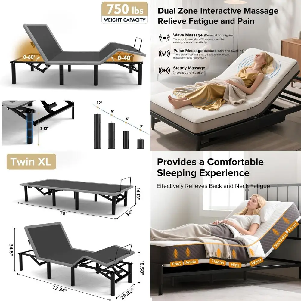 

Регулируемая двуспальная кровать Twin XL с беспроводным пультом, светодиодной подсветкой, USB-портами Type-A и Type-C, функцией массажа, режимом невесомости и бесшумным мотором