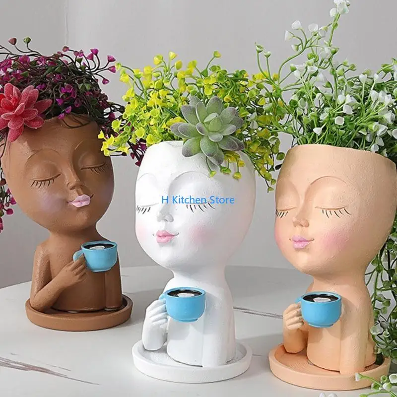 

16FC Coffee Girl Flower Vase Plant Pots Resin Statue Flowerpot Small Resin Pots Home Decorative Art Vase