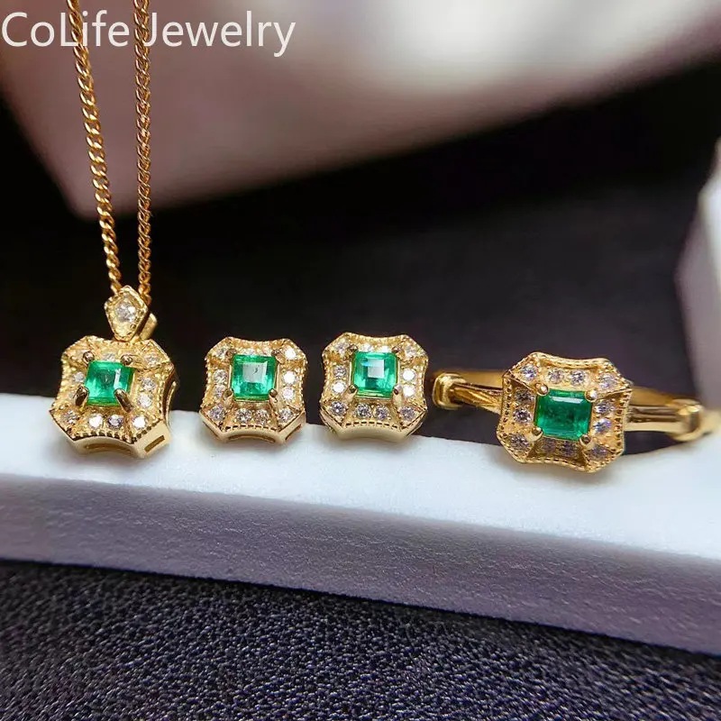 

925 Silver Emerald Ring Earrings and Pendant for Daily Wear 2.5mm Total 0.4ct Natural Emerald Jewelry Set with Gold Plating