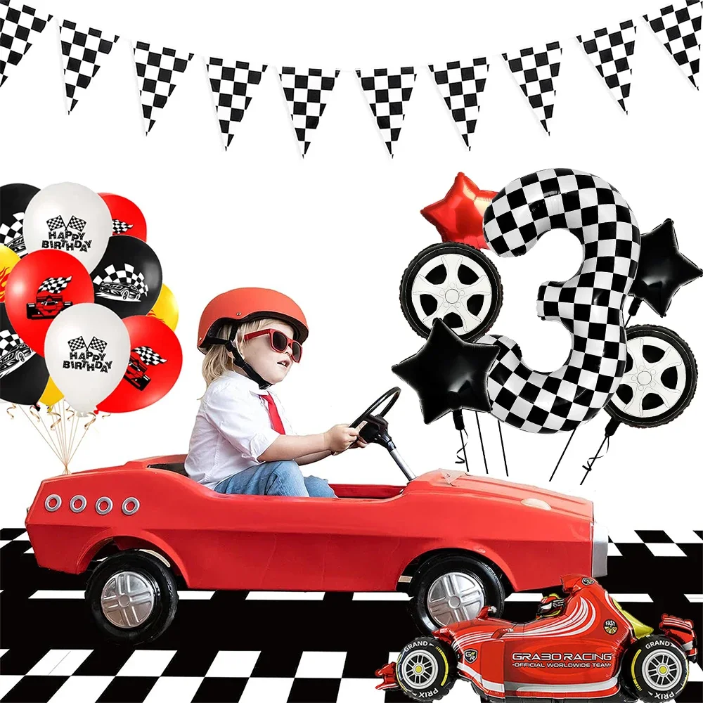 Rennwagen-Partydekorationen, kariertes Geschirr, Teller, Tassen, Servietten, Wimpel, Folienballons für Jungen, Rennen, Geburtstag, F1-Partygeschenk – Detail 17