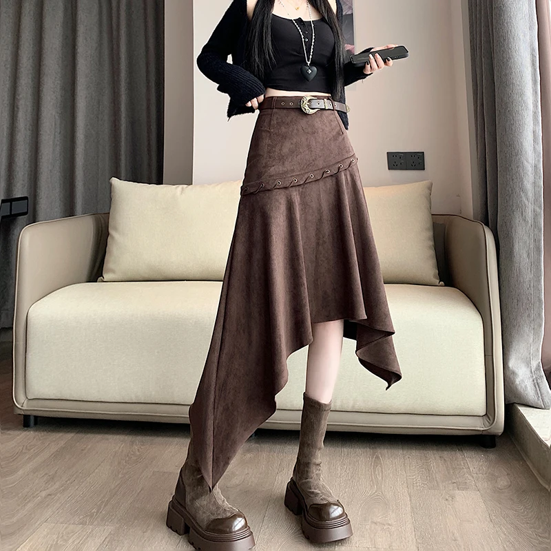 

Женская юбка миди с поясом на талии, высокая талия, приталенный А-силуэт, длинная, коричневая, с асимметричным подолом, для офиса/повседневной носки