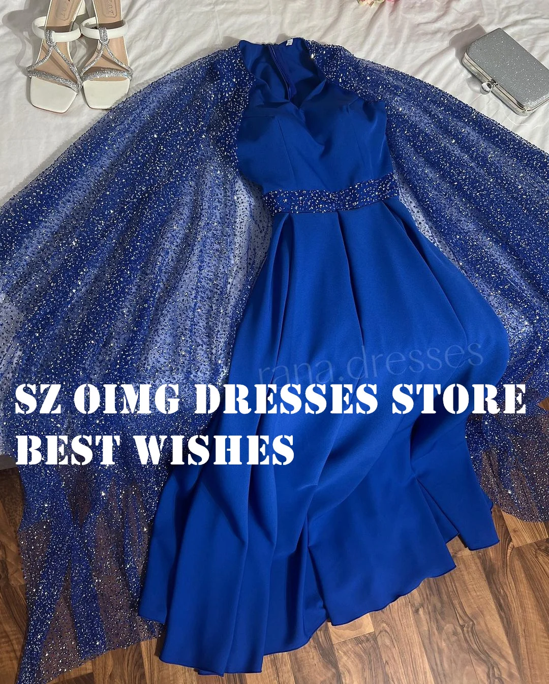 

OIMG Blue Prom Dresse Arabic Cape Sleeves Ruched A-Line Sparkly Sequins Chiffon Simple Women Evening Gowns Formal Party Dress