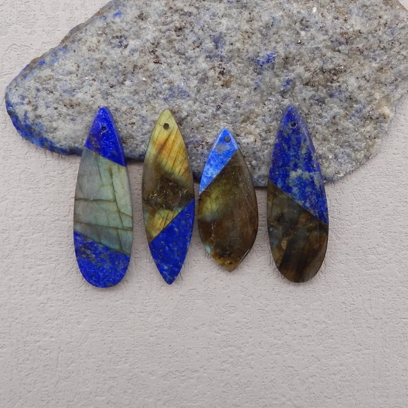 4Pcs Natural Stone Intarsia Pendants For Jewelry Making,Labradorite Lapis Lazuli Pendants,DIY Necklace,42x14x4mm,17g