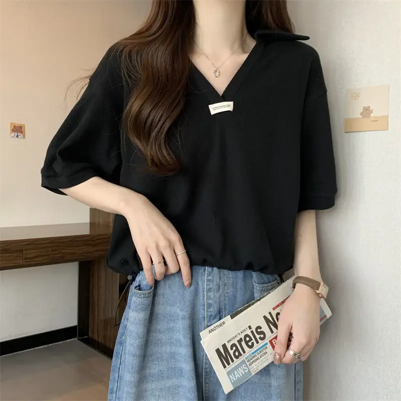 Women Summer Simplicity Loose Solid Color V-neck Short Sleeve T-Shirt Women Clothes Casual All-match Appear Thin Trend Top Tee