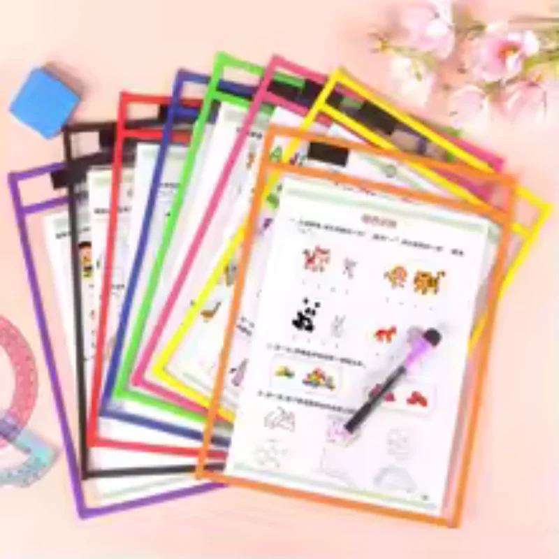 Heavy Duty 10 Pack Oversized Dry Erase Pockets 10x13.8 Inch with 2 Metal Rings Tear Resistant Clear Ticket Holders for High Freq