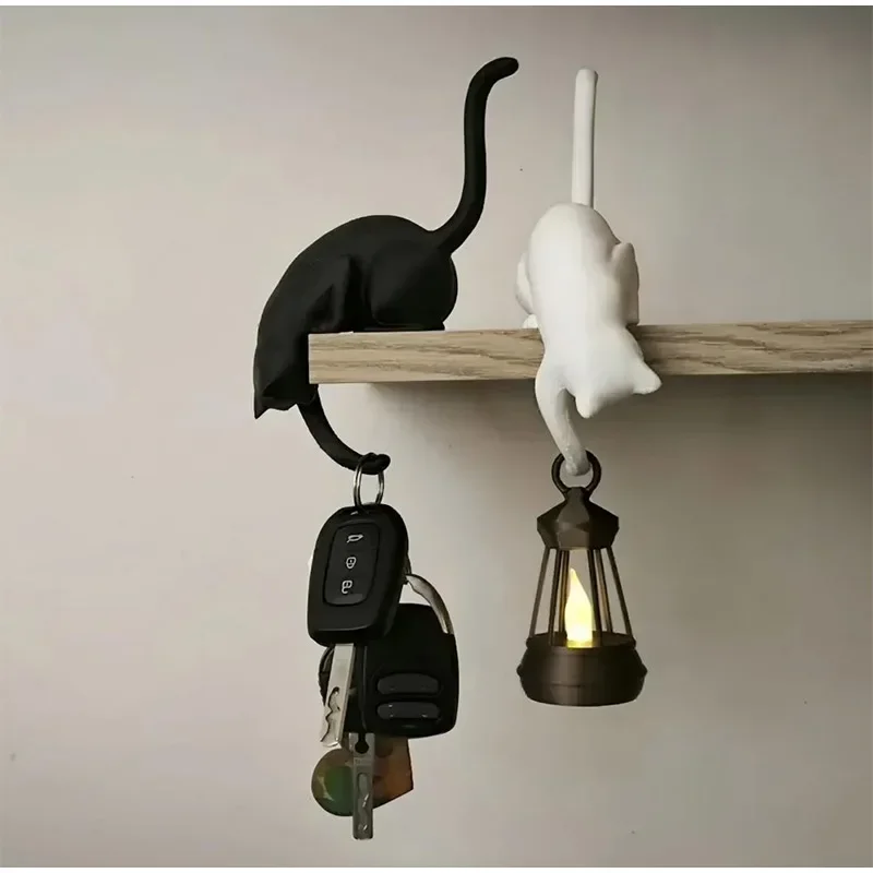 Gothic Cat Shelf Sitter Statue with Hanging Lantern Resin Cat Figurine Ornament Funny Desk Bookshelf Bedroom Home Decor Gift
