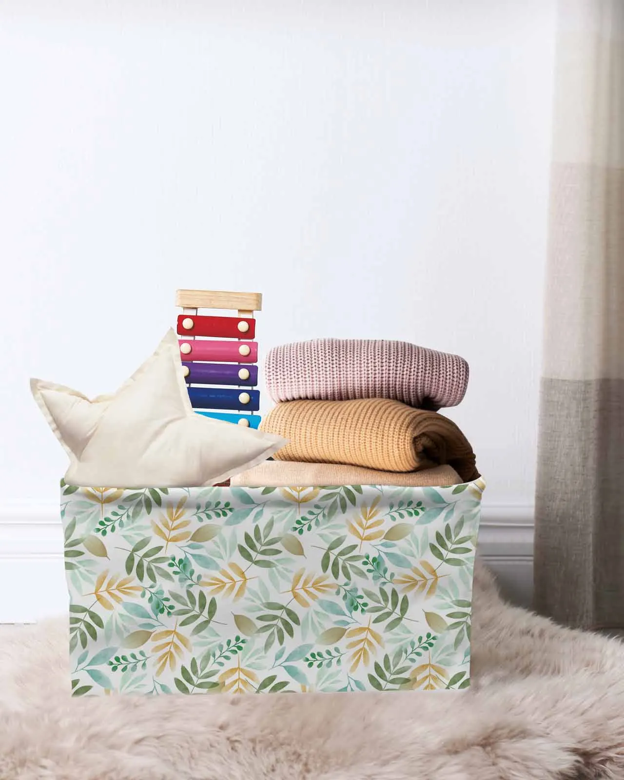 

Plant Tea Green Leaves Forest Basket Clothes Folding Storage Box For Nursery Underwear Toy Organizer Laundry Basket With Handle