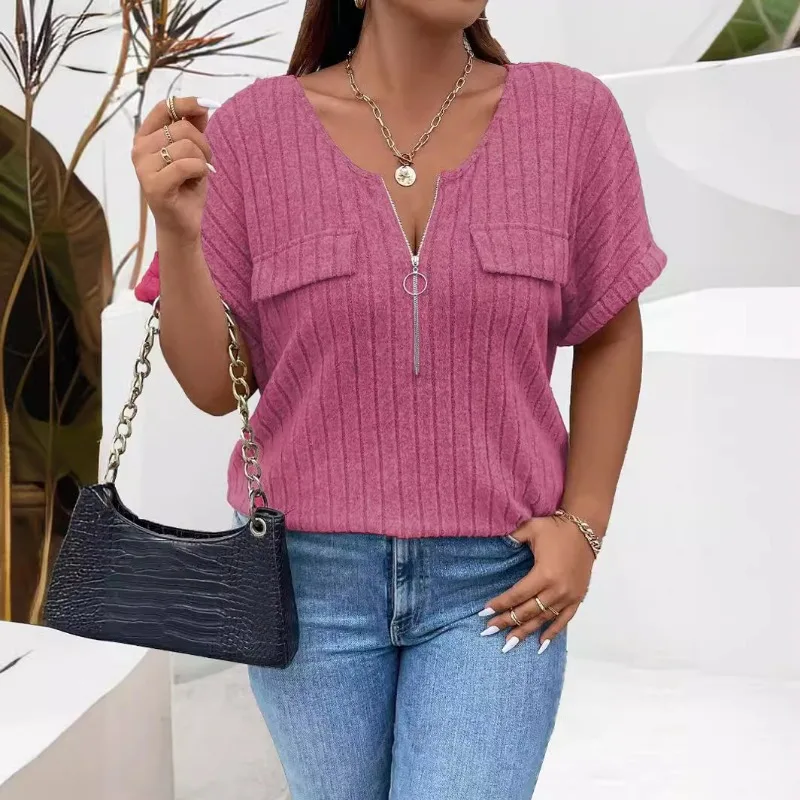 Women's Multi-Color Ribbed Half-Sleeve Blouse Zip Detail Double Pocket Loose Casual Top