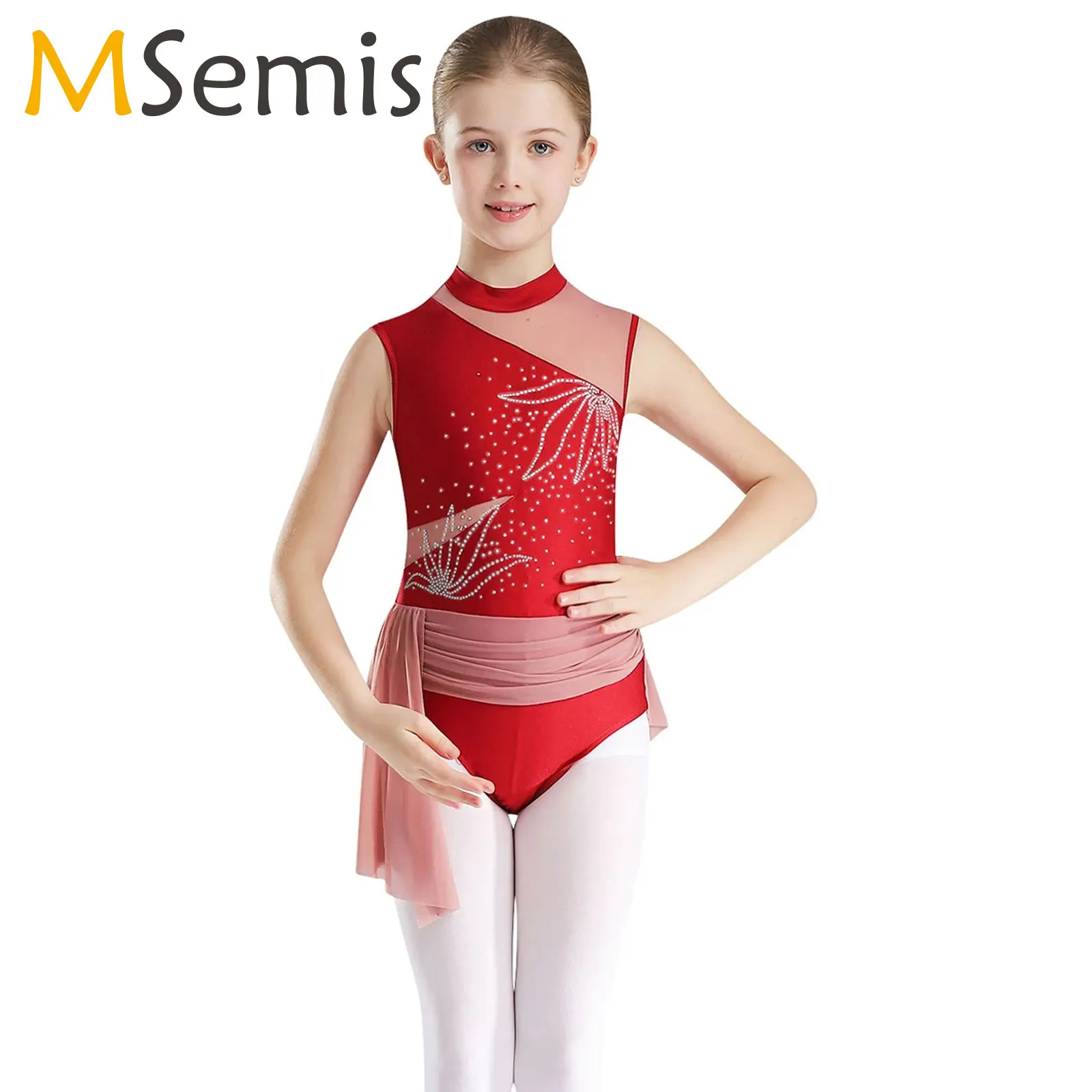 

Kids Girls Ballet Gymnastics Leotard Tutu Lyrical Dance Dress Sleeveless Rhinestone Figure Ice Skating Stage Performance Costume