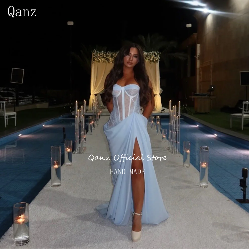 

Qazn Очаровательные небесно-голубые вечерние платья Корсет Кружева Русалка Шифоновые платья с высоким разрезом для свадебных гостей Вечерние мероприятия по индивидуальному заказу