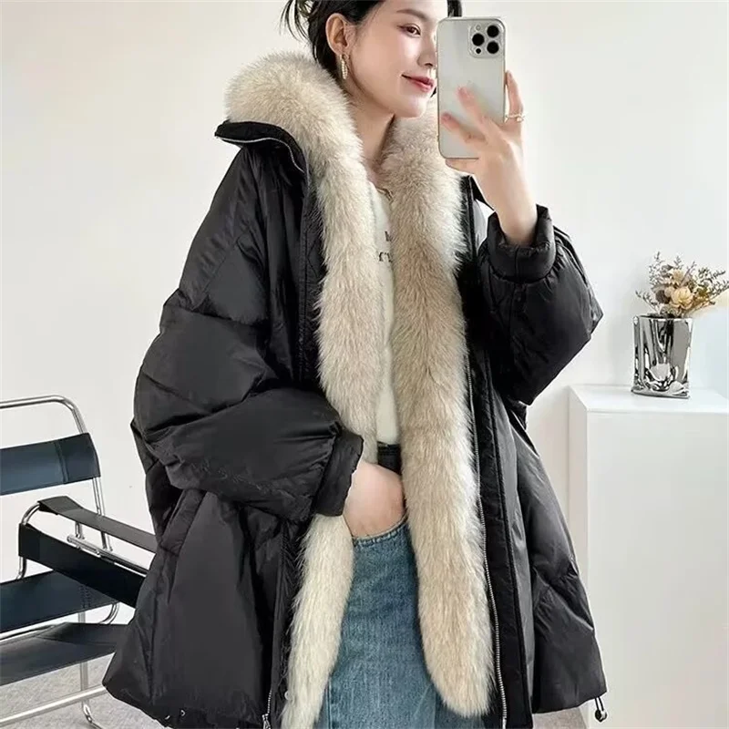 

New Winter Fur Collar Down Jacket Women Loose Fur Goose Puffer Coat For Women Mid Length Winter Parkas Overcoat Female