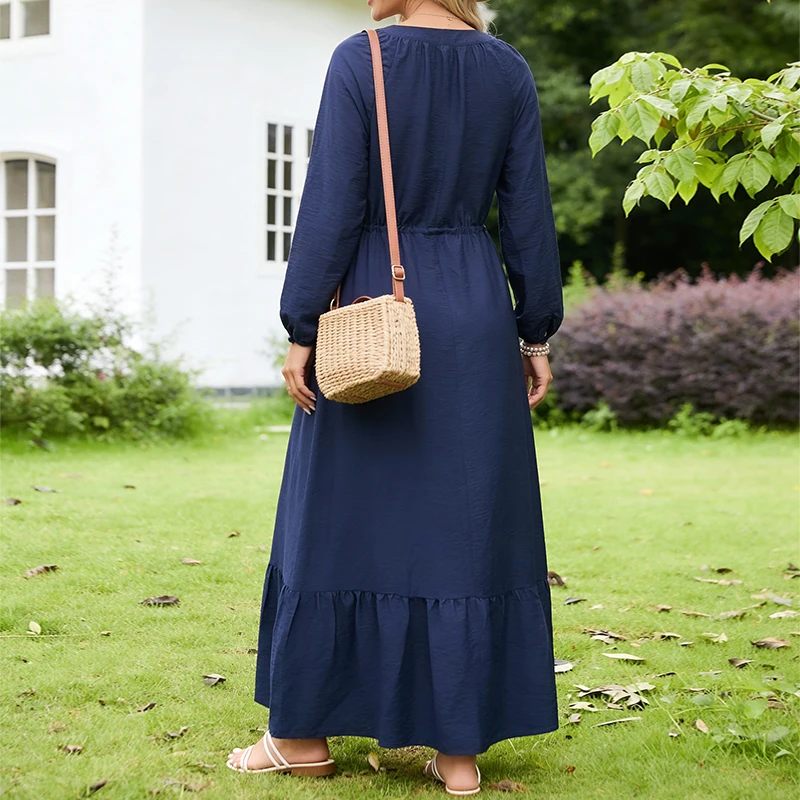 Elegant Lady's Solid-color Dress Modest Half-open Front A-shaped Skirt Drawstring Tie Design Daily Work or Casual Outfit S-2XL