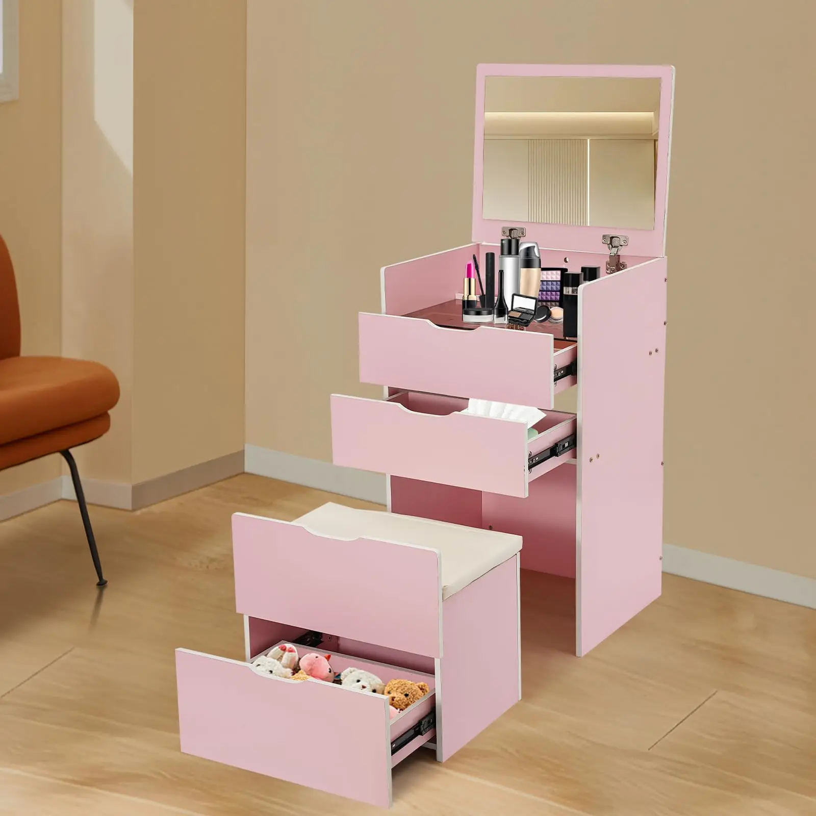 مكتب زينة 3 في 1 مع مرآة قابلة للطي ومقعد مخفي، مجموعة مكتب مكياج مدمجة مع 3 أدراج ومقعد مبطن