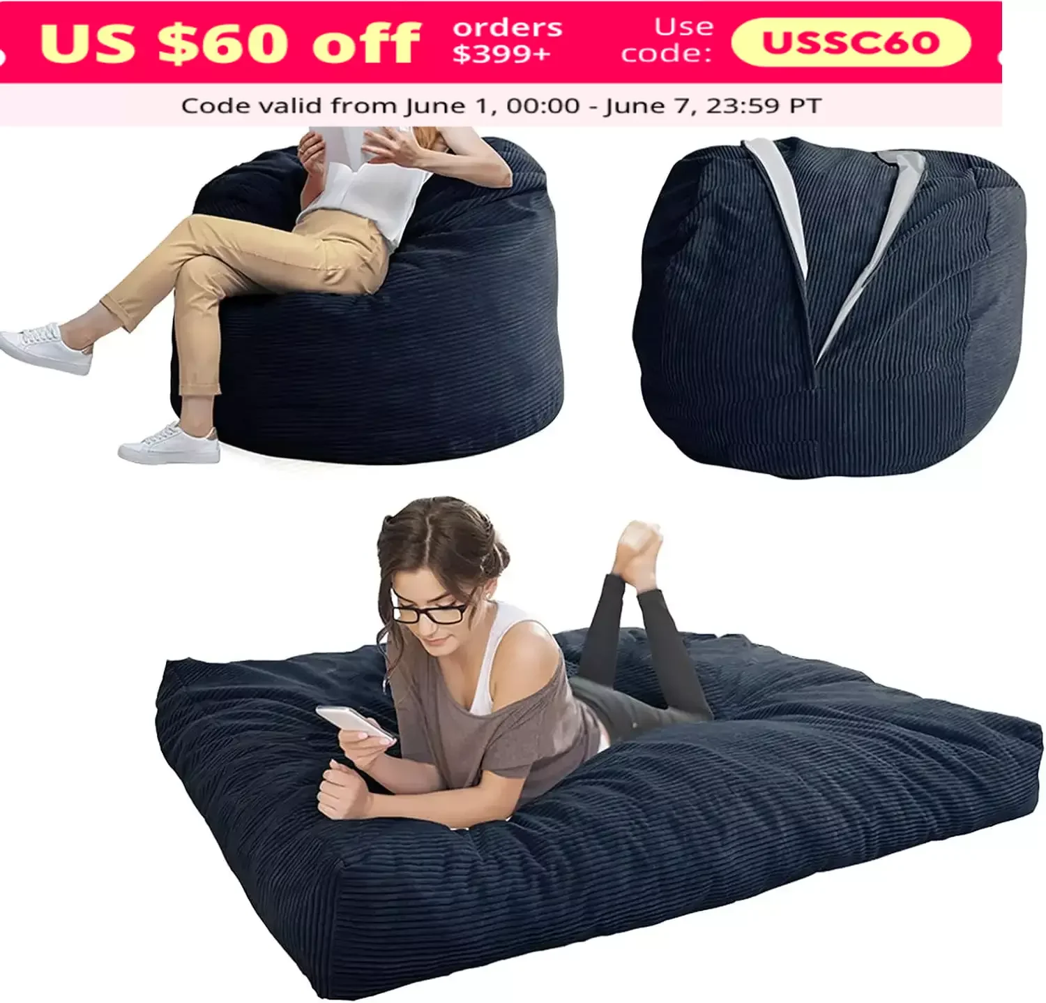 Bean Bag Sofa Bed for Adults, Convertible Beanbag Folds from Lazy Chair to Floor Mattress Bed, Big Sofa Bed, Giant Bean Bag Sofa