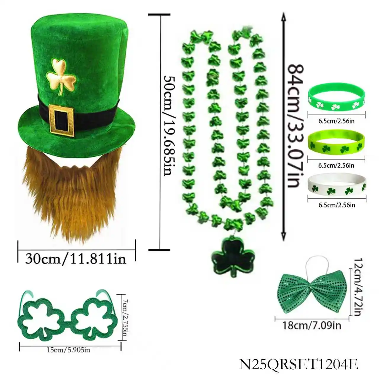 Lucky St. Patrick’s Day Costume Accessories:Leprechaun Hat, Beard, Shamrock Beads, Glasses, Wristbands Bow Tie Festive Irish Set