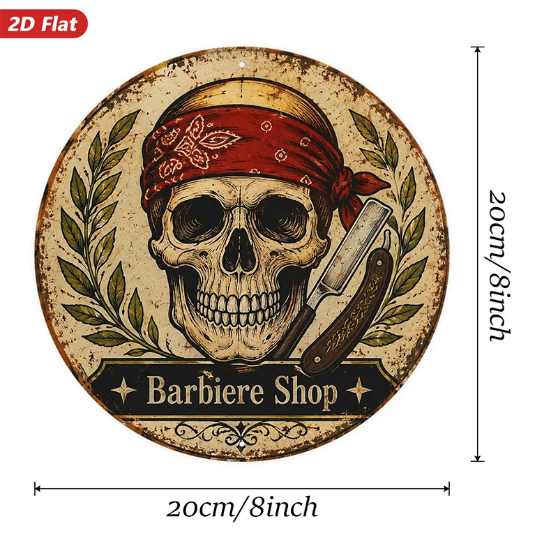 2D Flat, 1pc Vintage Skull Barber Round Metal Sign Wall Art, Skull with Red Bandana, Straight Razor And Worn Distressed Circle,
