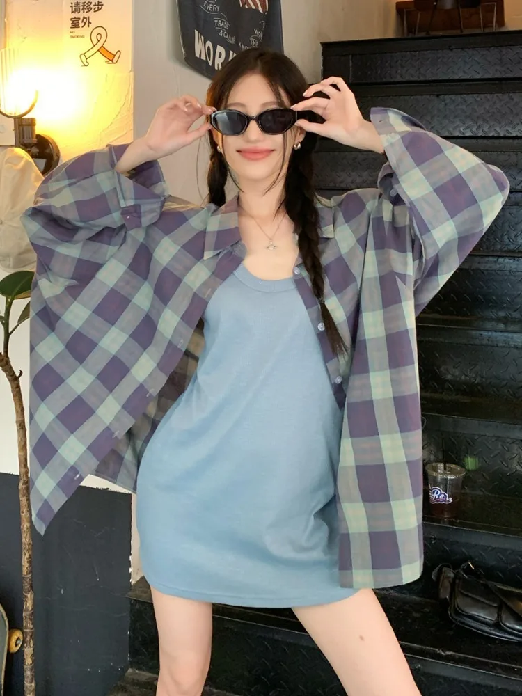 ADAgirl Vintage Plaid Button Blouse Women Lapel Long Sleeve Sun-proof Shirts for Women American Retro Loose Casual Y2k Tops Coat