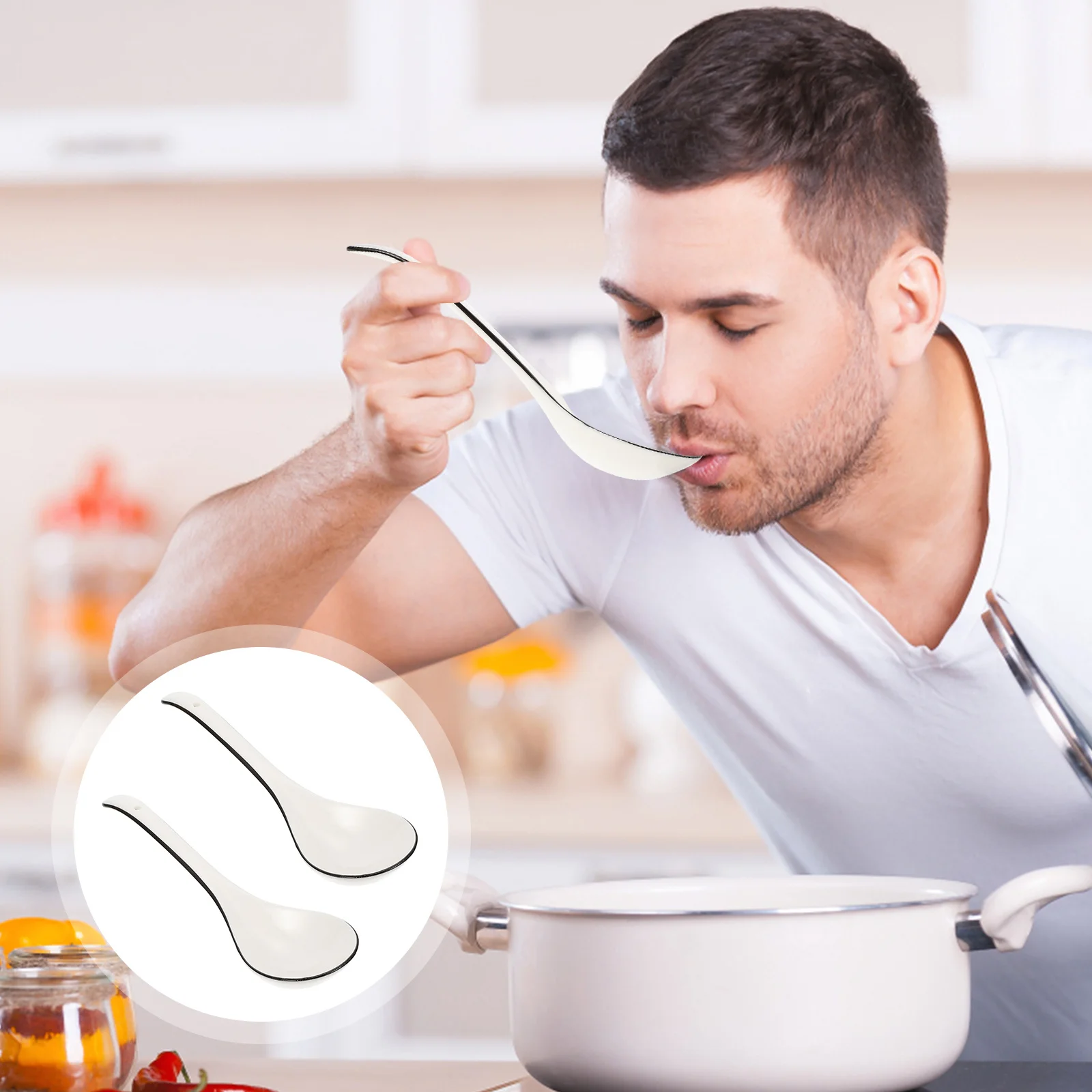 

2Pcs Ceramic Soup Spoon Long Handle Comfortable Ergonomic Design for Soup Porridge Kitchen Flatware Restaurant Spoon