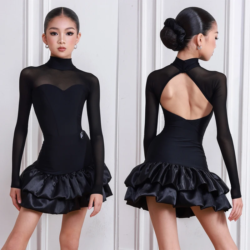 فستان أداء الرقص اللاتيني على الموضة لعام 2026 بدلة رقص للفتيات باللون الأسود بأكمام طويلة فساتين احترافية للرقص اللاتيني