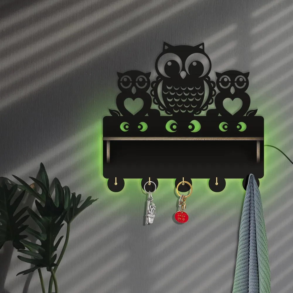 Cartoon Owls Family Wall Mounted 5 Hook Key Holder Entryway Organizer For Home Decor Wooden Owls Wall Mount Coat Rack With Shelf view 6